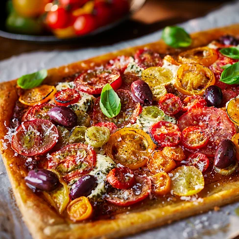 Tom Kerridge's Isle of Wight Tomato, Pesto and Olive Tart