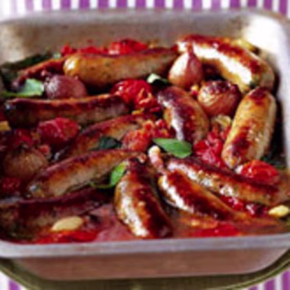 Easy Sausage Braise with Cherry Tomatoes and Basil