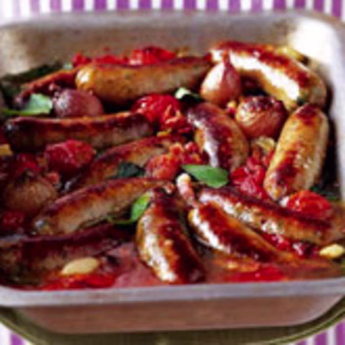 Easy Sausage Braise with Cherry Tomatoes and Basil