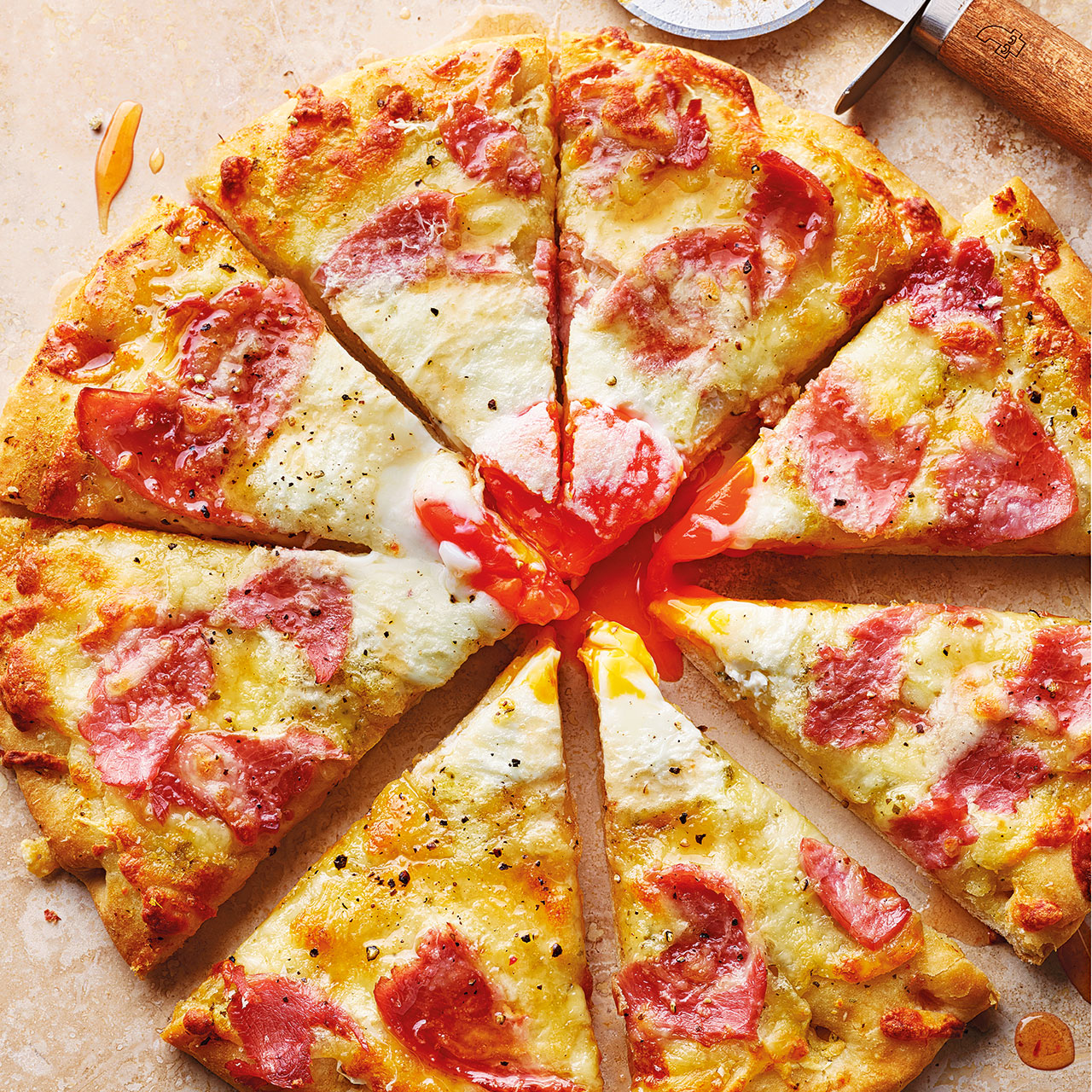 Ham and Egg Pizza with Hot Honey 