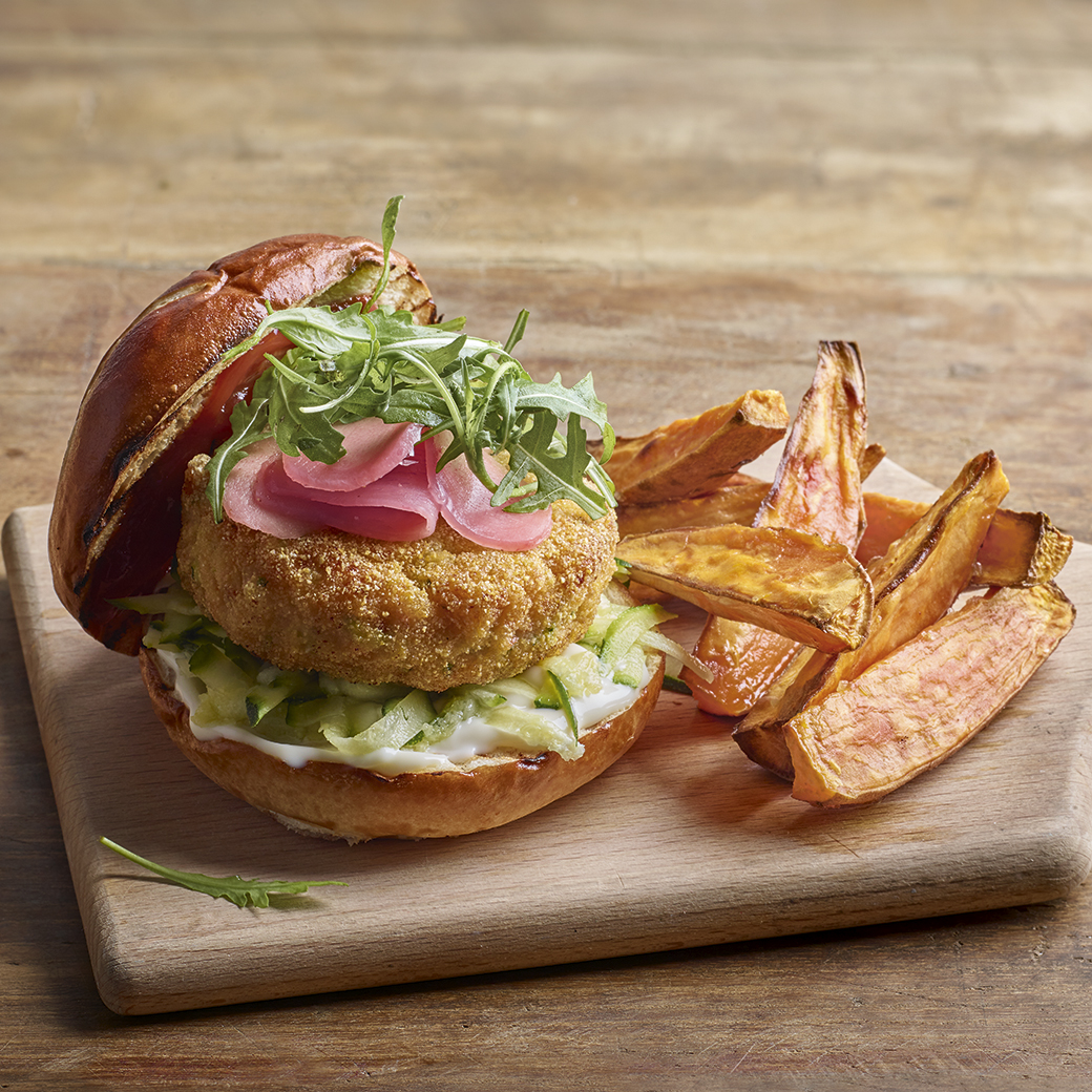 Prawn and Courgette Burgers with Sweet Potato Wedges