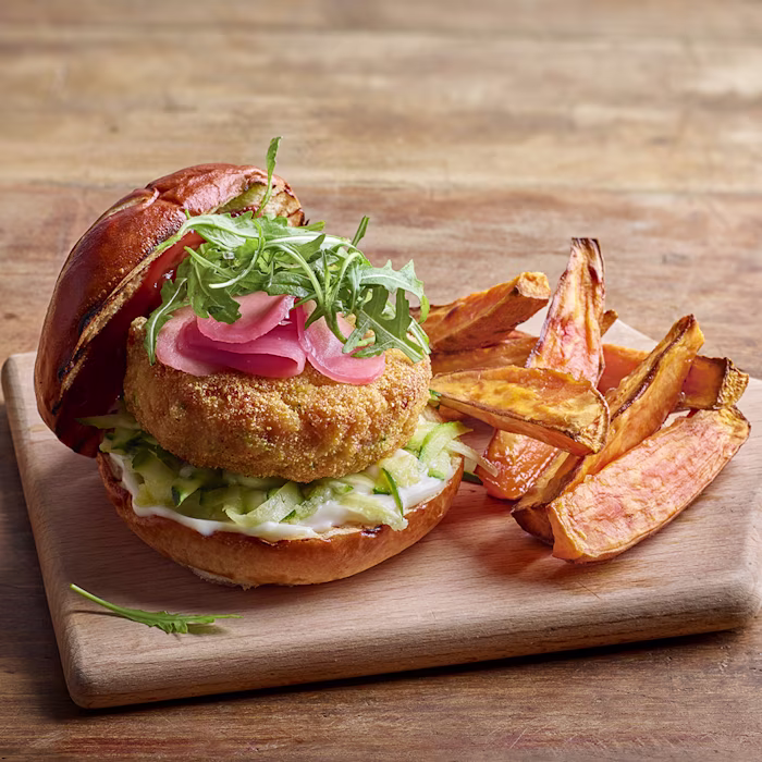 Prawn and Courgette Burgers with Sweet Potato Wedges