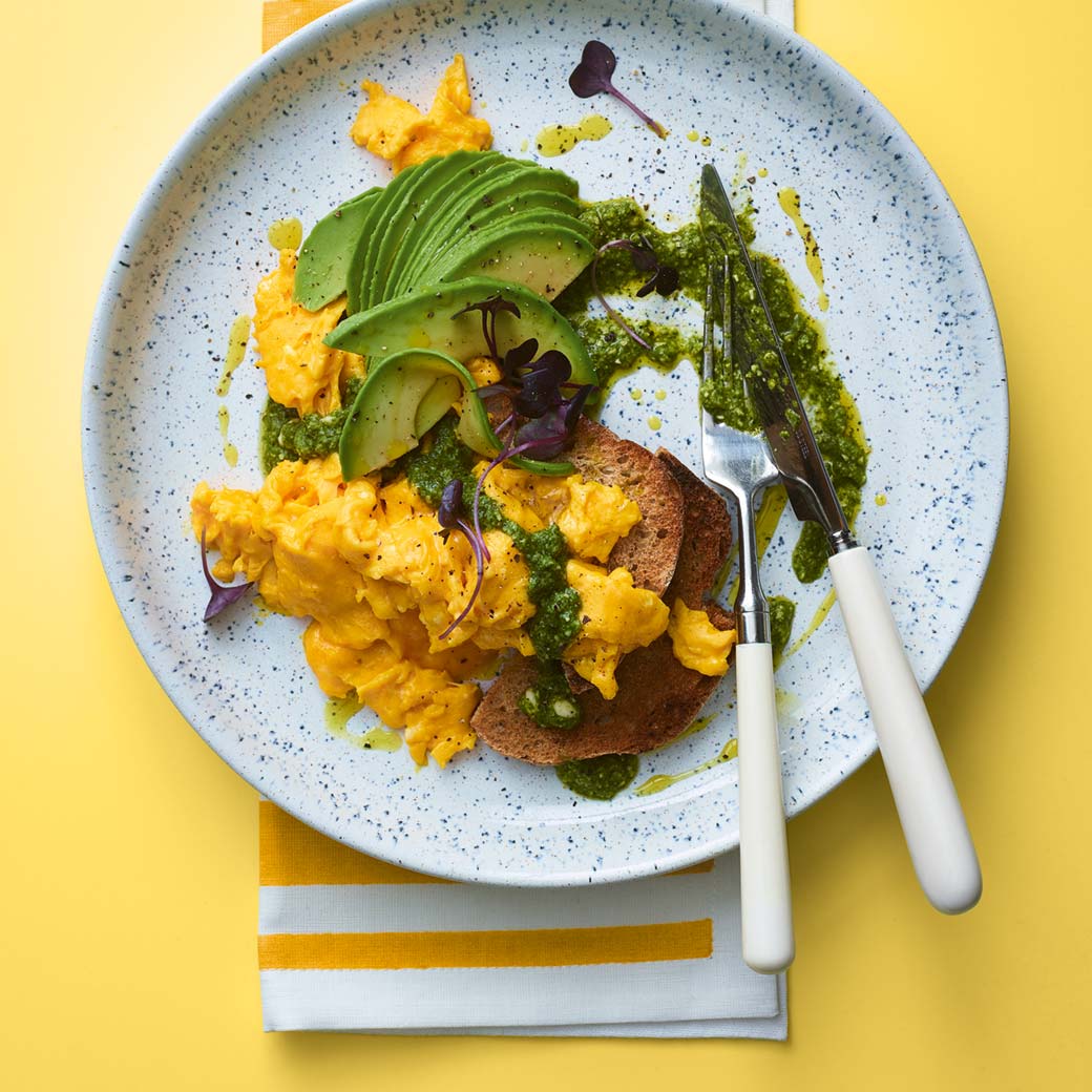 Pesto Scrambled Eggs with Avocado