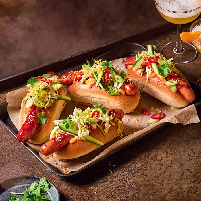 Gochujang Hotdogs with Pickled Veg
