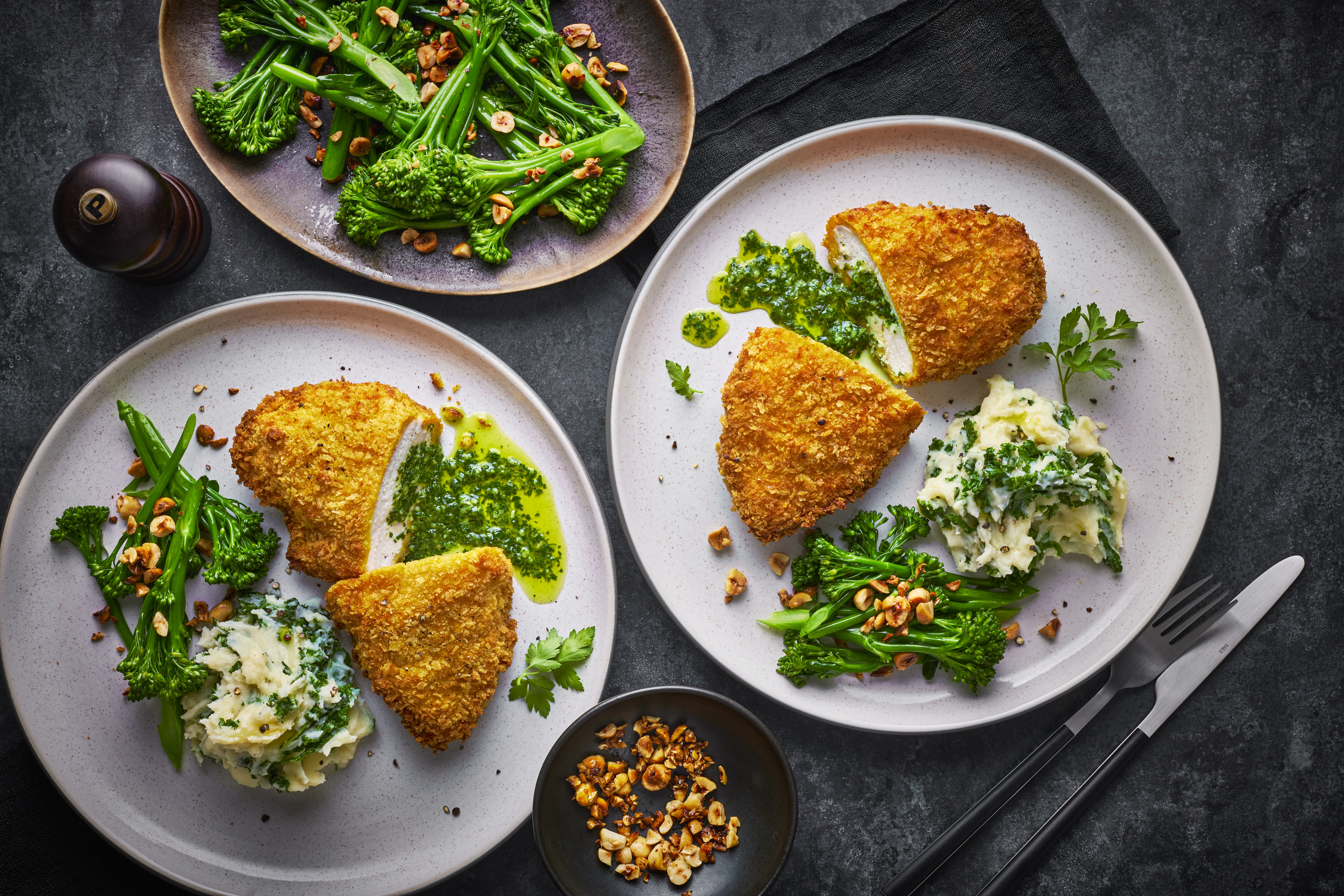 Chicken Kyiv with Colcannon and Hazelnut-Dressed Tenderstem Broccoli