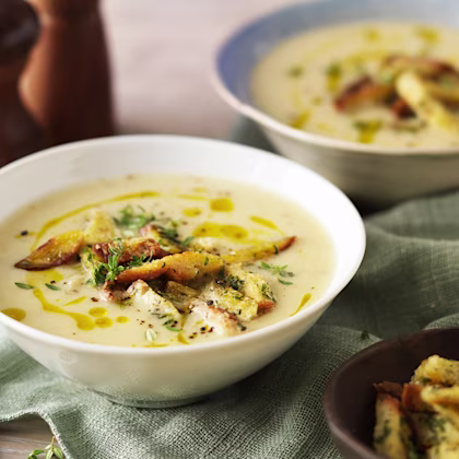 Roasted Cauliflower & Garlic Soup with Thyme Croutons