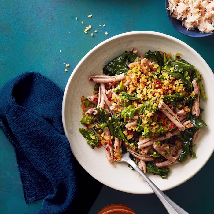 Purple Sprouting Broccoli with Spelt Pasta