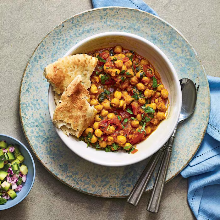Chana Masala with Naan and Cucumber Salad