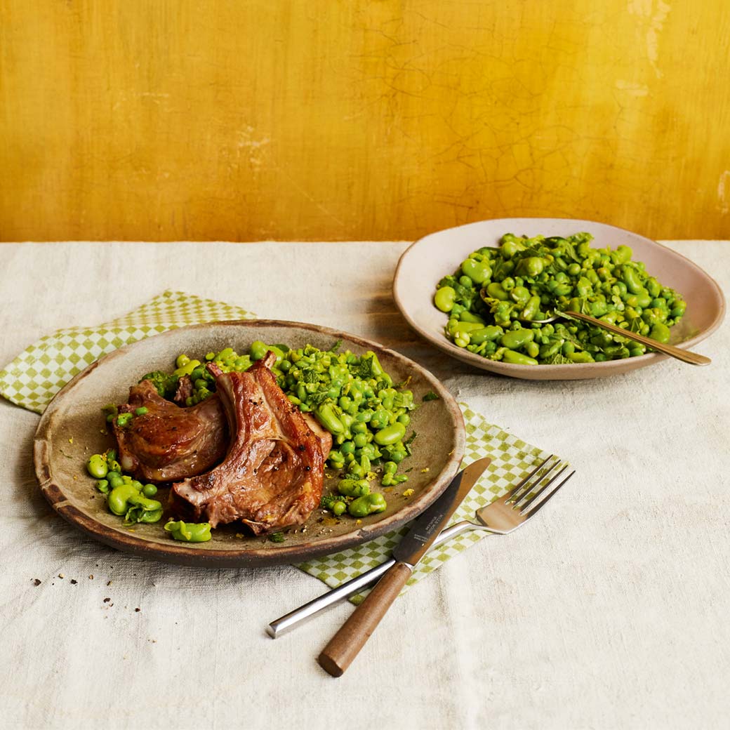Lamb cutlets with smashed minty peas and broad beans