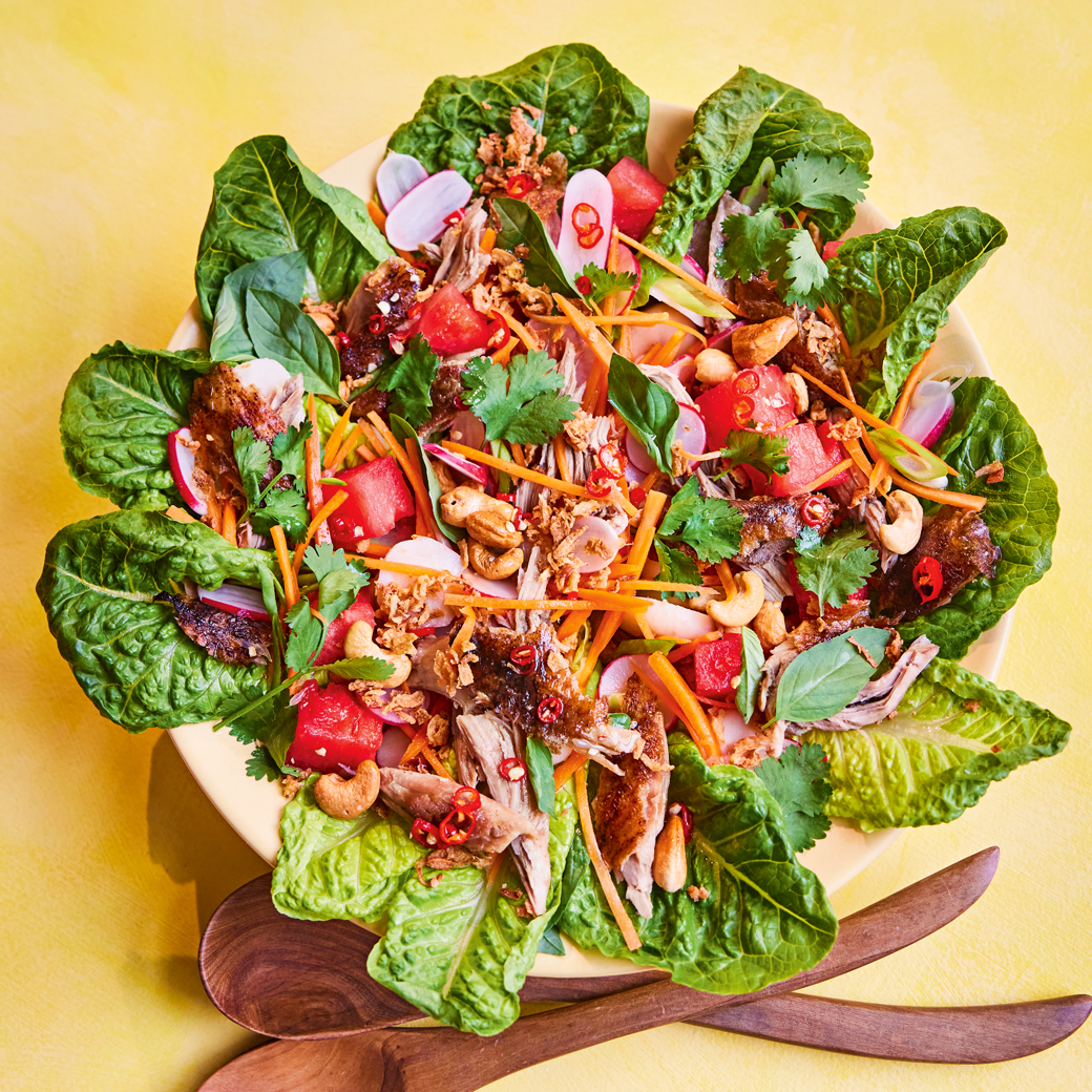 Crispy Duck, Watermelon and Cashew Salad with Chilli Dressing 