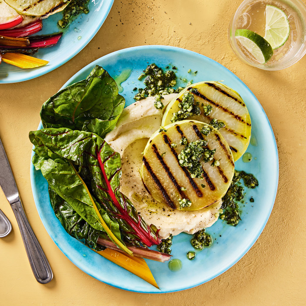 Kohlrabi steaks with Rainbow Chard, Butter Bean Mash and Pesto