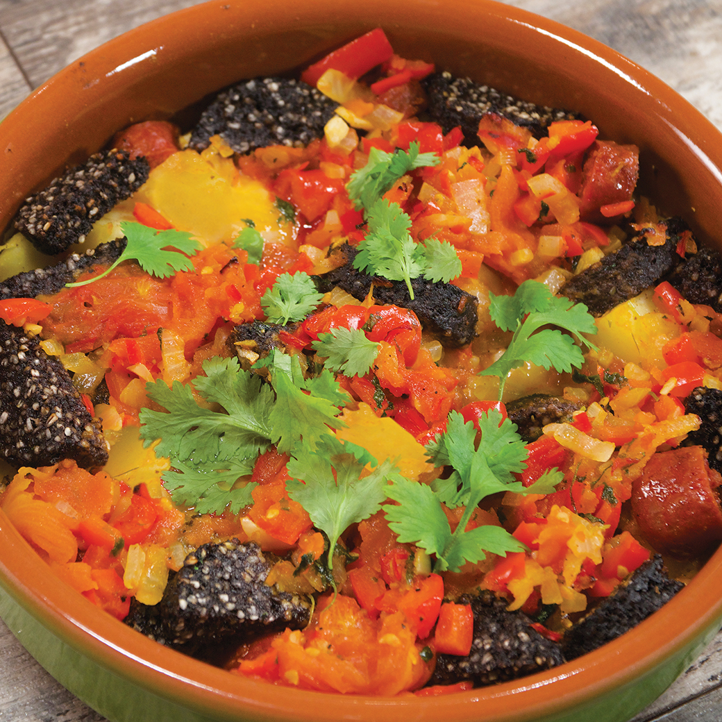 Baked Eggs with Clonakilty Black Pudding, Chorizo and Tomato