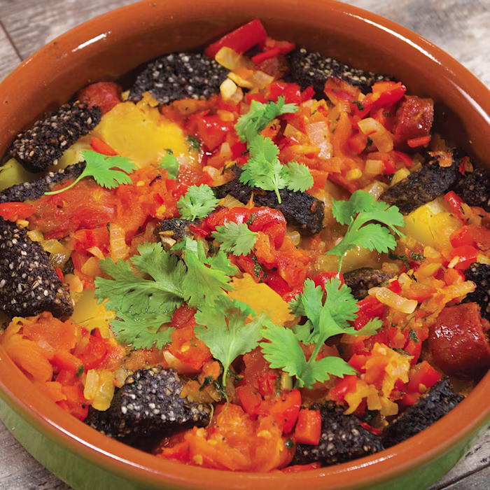 Baked Eggs with Clonakilty Black Pudding, Chorizo and Tomato