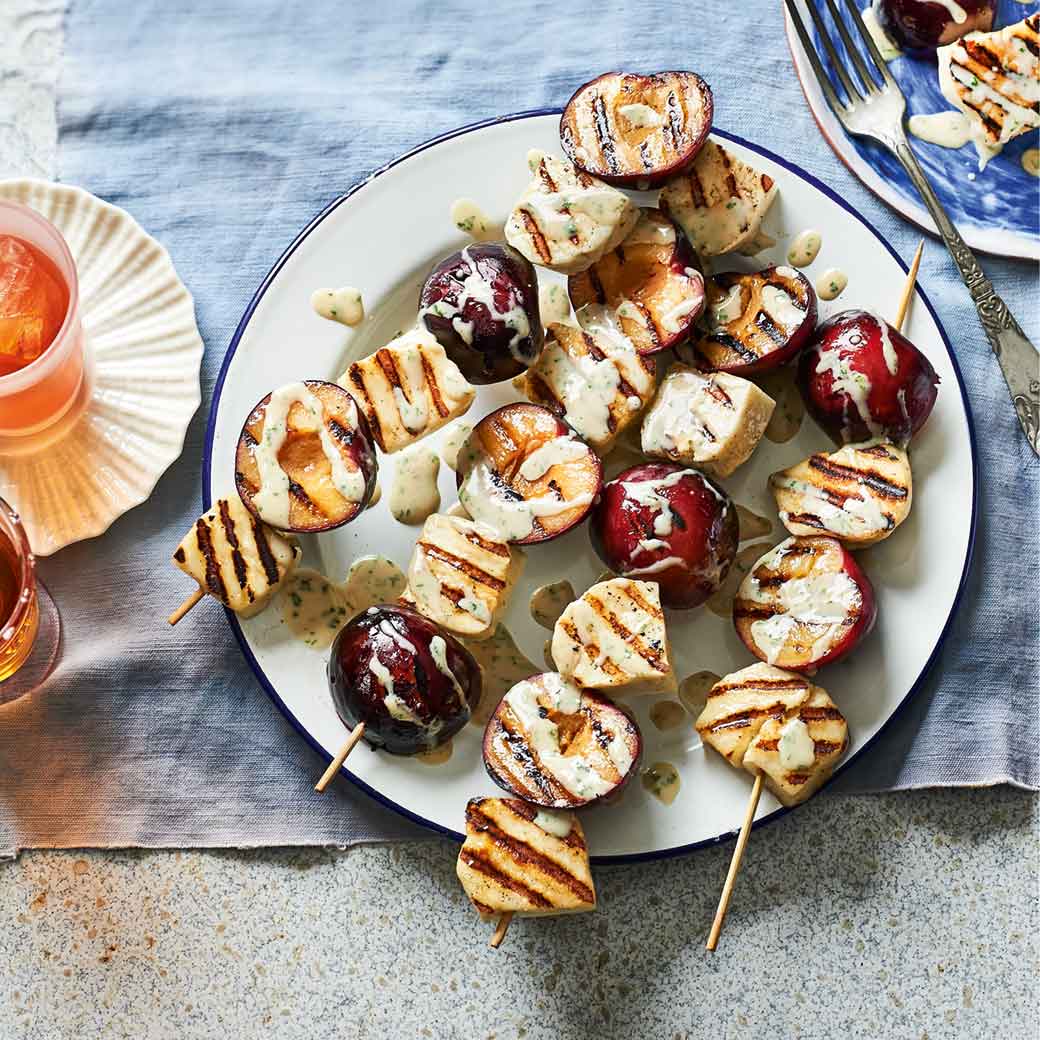 Plum & Halloumi Skewers with Tahini Dressing