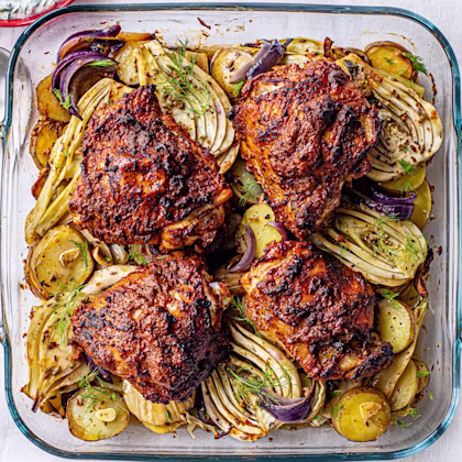 Spiced yoghurt chicken with fennel and potatoes