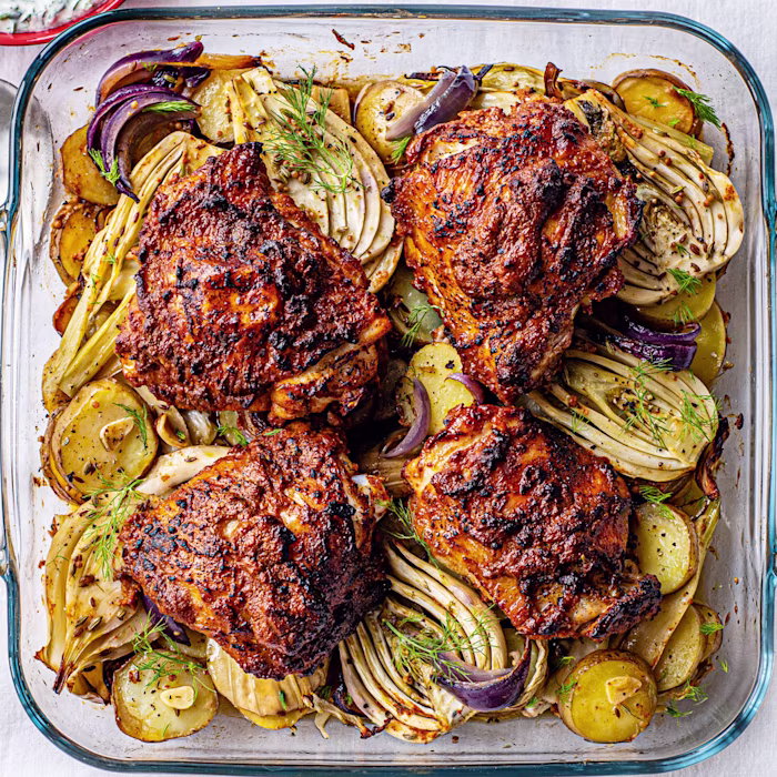 Spiced yoghurt chicken with fennel and potatoes