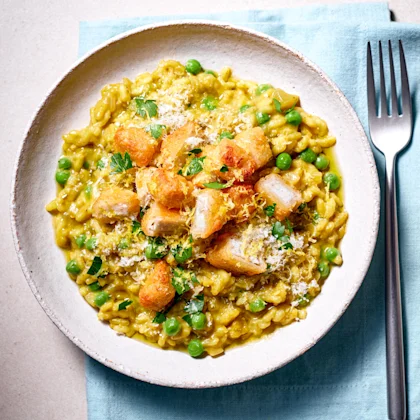 Mushy Pea Risotto with Fish Finger Rubble