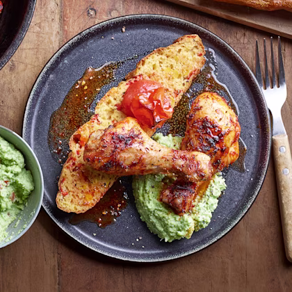 Sweet and Smoky Chicken Drumsticks with Cornbread and Broccomole
