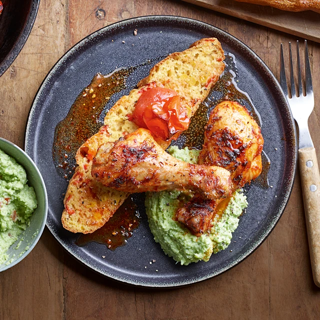Sweet and Smoky Chicken Drumsticks with Cornbread and Broccomole