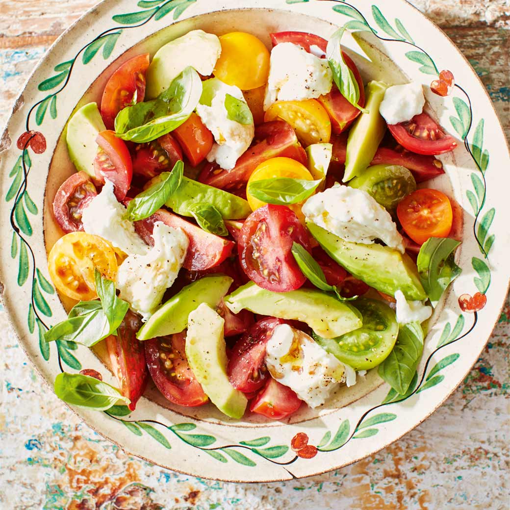 Summer Tomato & Avocado Salad with Mozzarella & Basil