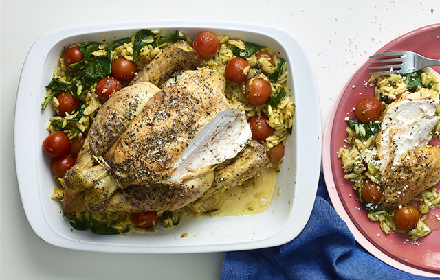 Lemony chicken, cherry tomato and orzo bake