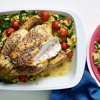 Lemony chicken, cherry tomato and orzo bake