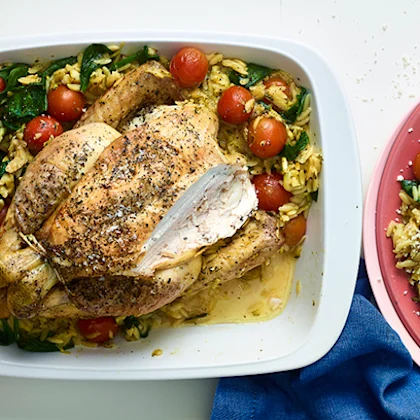 Lemony chicken, cherry tomato and orzo bake