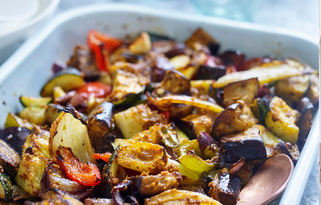 Mediterranean Roasted Vegetables with Tomato Pesto