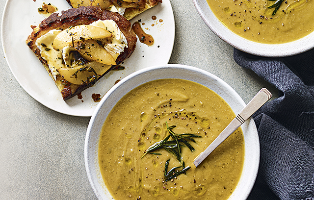 Parsnip and Rosemary Soup with Cheese and Pear Sourdough Bites