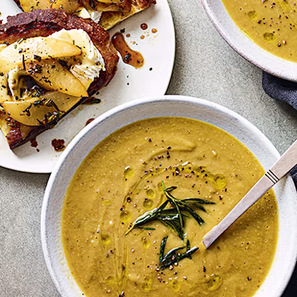 Parsnip and Rosemary Soup with Cheese and Pear Sourdough Bites