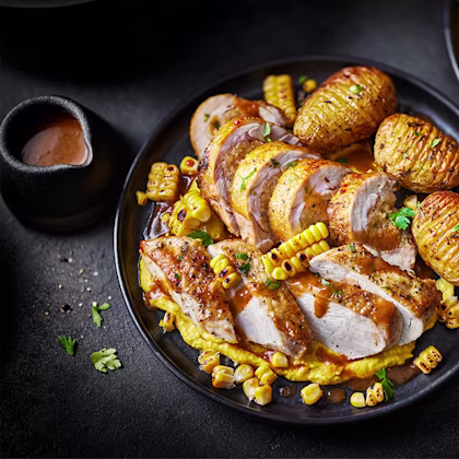 Roast Chicken, Sage-Stuffed Ballotine, Sweetcorn Purée and Madeira Sauce