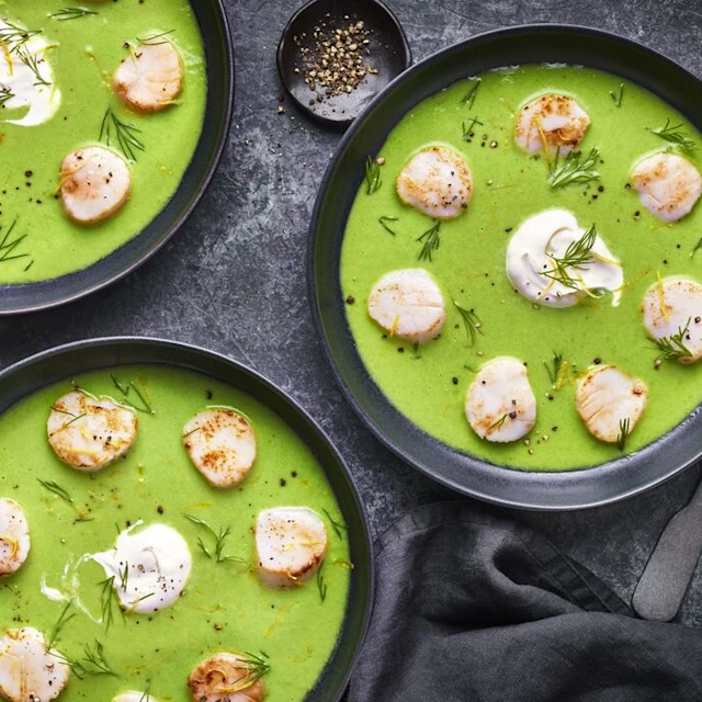 Pea and Dill Soup with Poached Scallops
