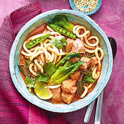 Salmon Red Curry Noodle Bowl with Fresh Greens