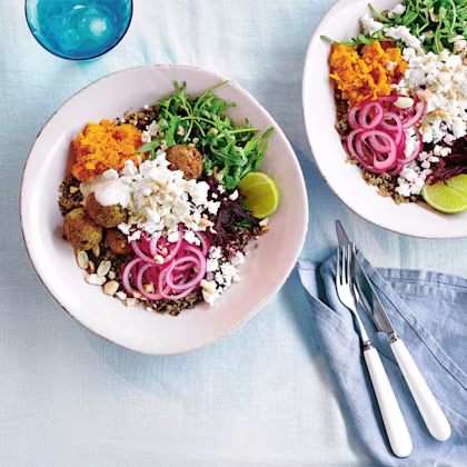 Beetroot and sweet potato falafel bowl with peanuts and quick pickled onion