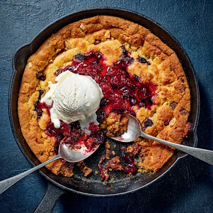 Baked Black Forest Cookie Dough with Spiked Cherry Compote