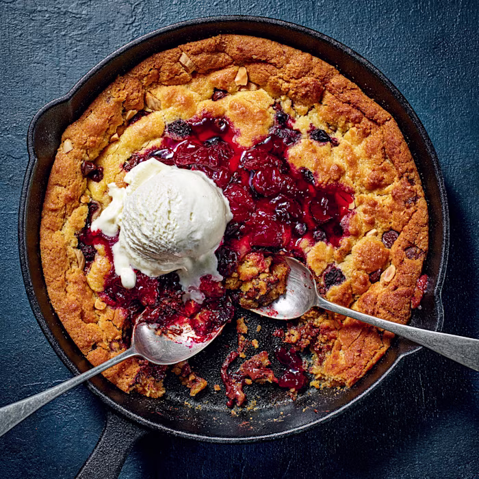 Baked Black Forest Cookie Dough with Spiked Cherry Compote