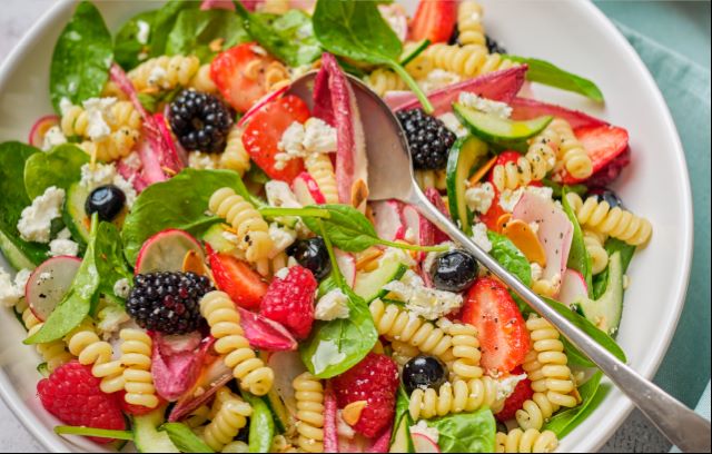 Mixed Berry Pasta Salad with Raspberry Vinaigrette