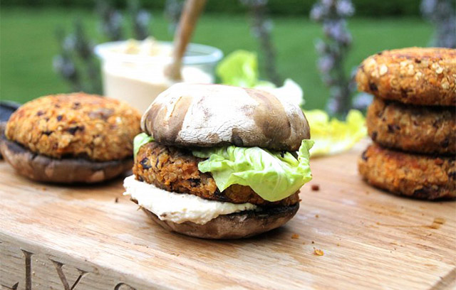 Lentil & Sweet Potato Burgers with a Portobello ‘Bun’