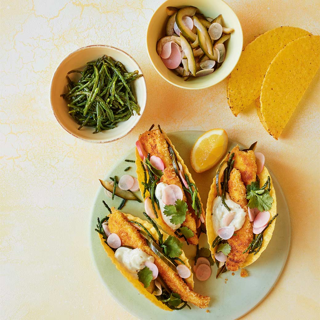 Crispy plaice, smacked pickles and samphire tacos