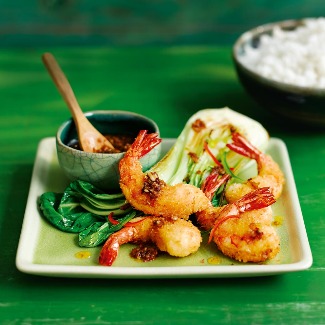 Coconut Prawn Tempura with Stir-Fried Pak Choi and Homemade Chilli Oil