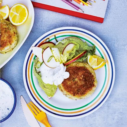 Smoked mackerel fishcakes with herb crème fraîche and little gem and apple salad