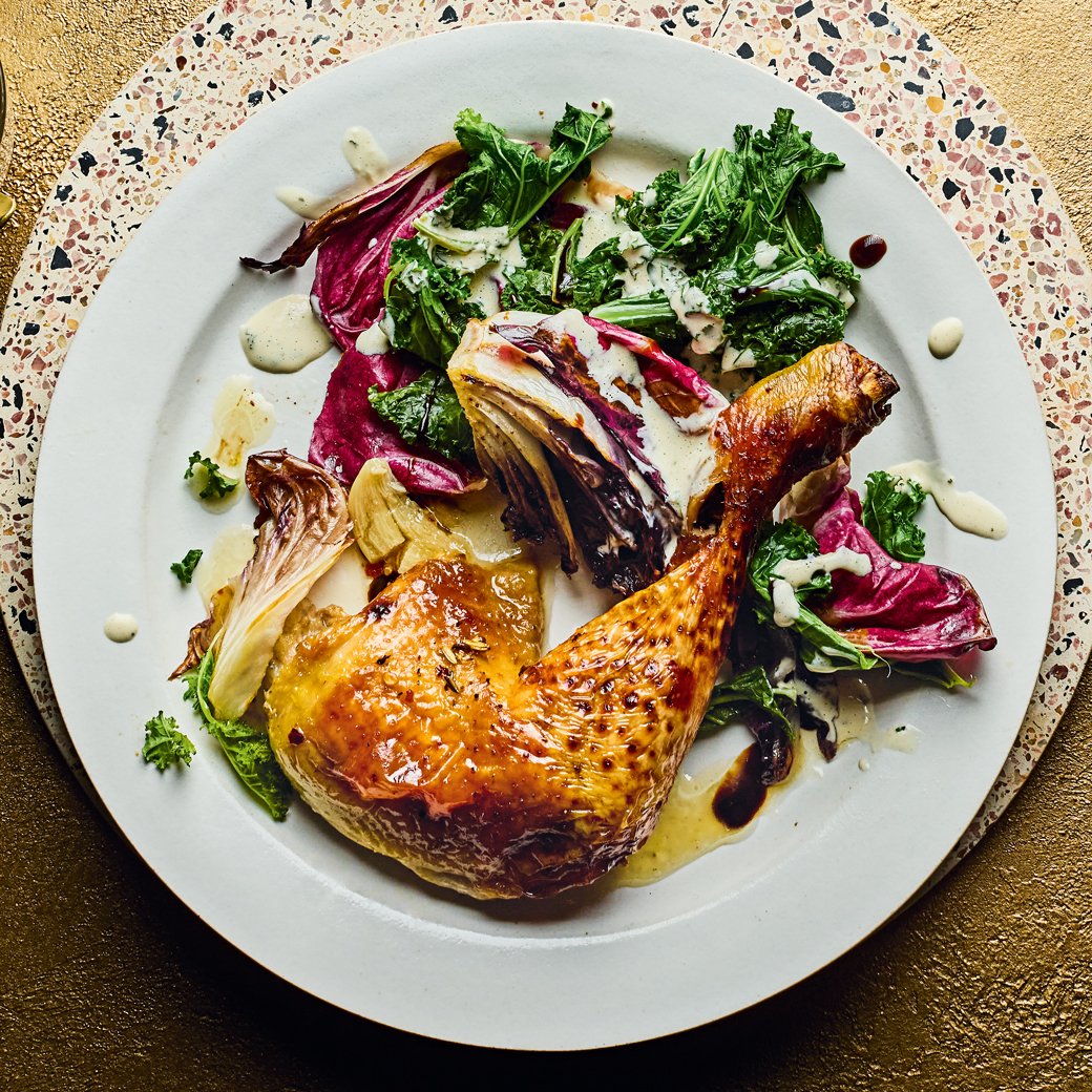Honey-Mustard Chicken Legs with Charred Radicchio and Tahini