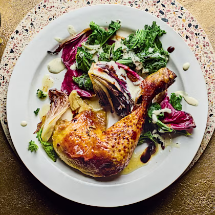 Honey-Mustard Chicken Legs with Charred Radicchio and Tahini