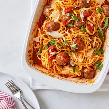 Linguine with oven-baked puttanesca meatballs