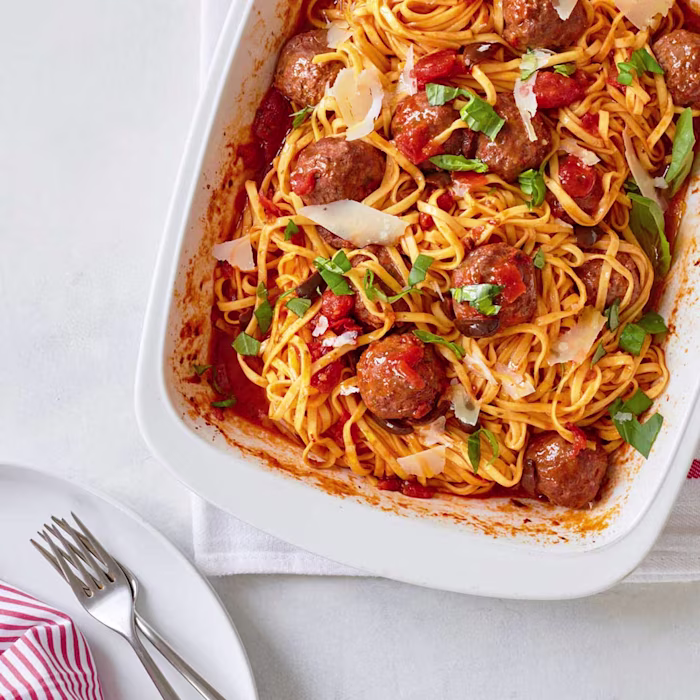 Linguine with oven-baked puttanesca meatballs