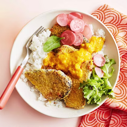 Aubergine Katsu Curry with Pickled Radishes