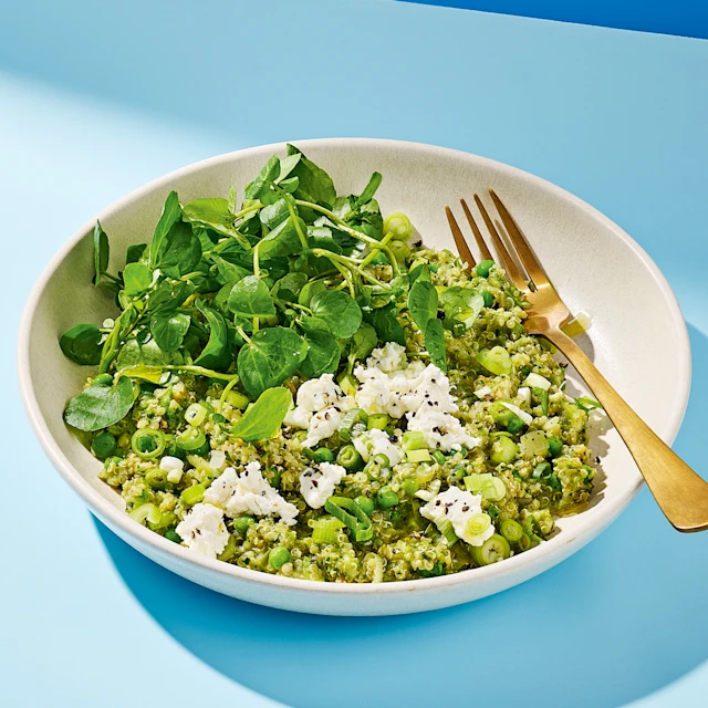 Risotto-style Quinoa with Peas and Watercress Pesto