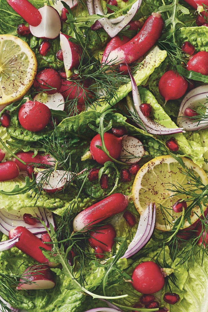 Rhubarb Radish Pomegranate Feta Salad 