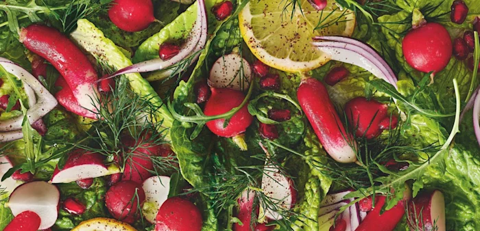 Rhubarb Radish Pomegranate Feta Salad