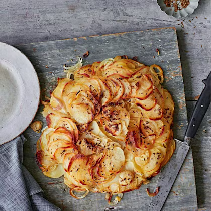 Layered Potato Galette with Caraway Seeds & Buttered Shallots